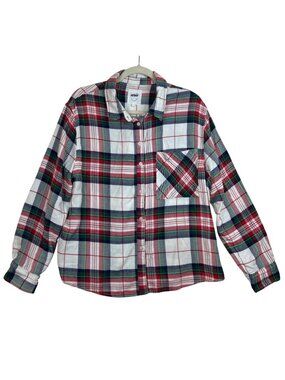 Aerie Shirt Women’s L Flannel Plaid Button-Up Red Green White Christmas Casual